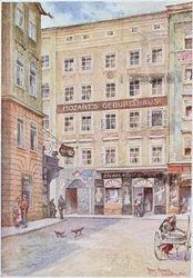 Carte postale représentant la maison à Salzbourg où Wolfgang Amadeus Mozart (1756-91) est né, 1912